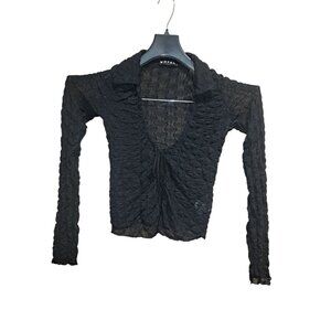 Motel Rocks Womens Sheer Crinkle Mesh Tie Front Crop Top Black Long Sleeve Small